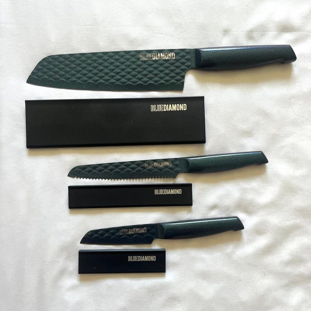 Blue Diamond Knife Set Blade Covers Blue Sharp Stone 3pc Nonstick Cutlery NEW